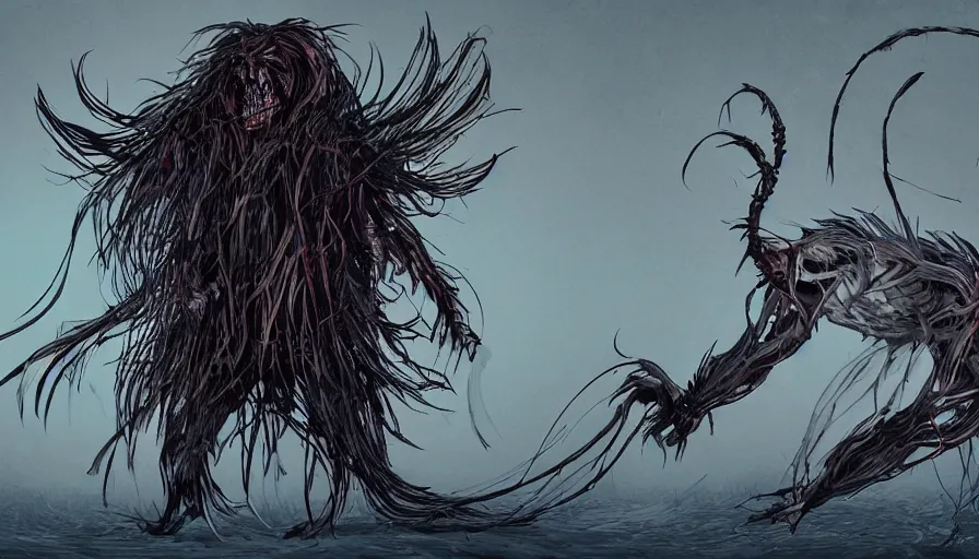 Image similar to concept art of a terrifying monster composed of feathers and string, twisted nightmare, brush hard, artstation, panormic, high quality, brush stroke