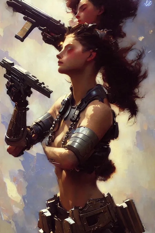 Prompt: futuristic women with medieval armor dynamic poses, holding a gun, detail, beautifull face, no blur, painting by gaston bussiere, craig mullins, greg rutkowski, yoji shinkawa, sorayama