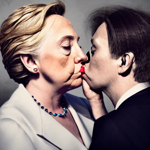 Prompt: Donald Trump Kissing Hillary Clinton, digital art, grungy, unkept hair, glowing eyes, modelsociety, radiant skin, huge anime eyes, RTX on, perfect face, directed gaze, intricate, Sony a7R IV, symmetric balance, polarizing filter, Photolab, Lightroom, 4K, Dolby Vision, Photography Award