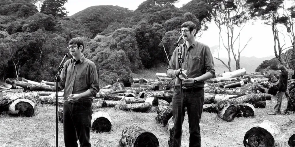 Image similar to bbc tv presenter louis theroux holding a microphone talking to kauri loggers at great barrier island, new zealand. enormous giant logs in background 1 9 2 0's