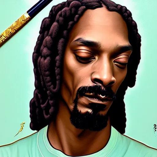 Image similar to intense portrait of the snoop dog meditating in lotus position while smoking a joint, intricate, elegant, highly detailed, my rendition, digital painting, artstation, concept art, smooth, sharp focus, illustration, art by artgerm and greg rutkowski and alphonse mucha