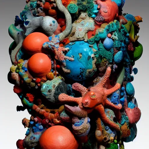Prompt: Studio Photograph of Beautiful Ceramic Sculpture Of a Coral Reef painted with the image of Hungry Lizards by Paul Klee By Hans Bellmer by Pablo Picasso and covered with bird skulls by Caravaggio, high contrast iridescent shocking detail hyperrealistic trending on artstation