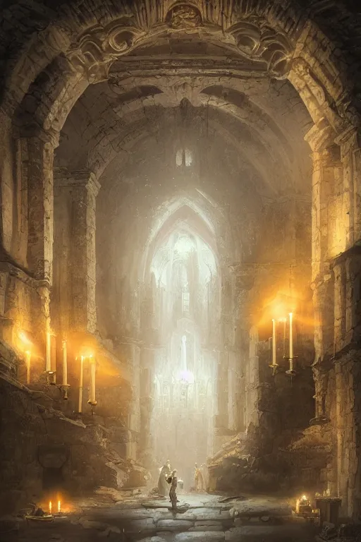 Prompt: Detailed Interior of Monastery Ruins, white pure energy, light of god, light shafts, candles, stunning atmosphere, in Style of Peter Mohrbacher, cinematic lighting
