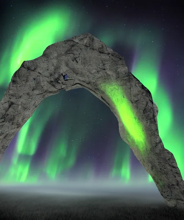 Image similar to portal to another dimension, stone archway, aurora borealis, mysticism, photorealistic, fog, symmetrical