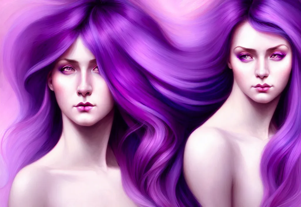 Image similar to Purple hair relistic Portrait of a two woman with bright colored flying hair, all shades of purple. Beauty face, Hair coloring, fantasy, intricate, elegant, highly detailed, digital painting, artstation, concept art, smooth, sharp focus, illustration, art by artgerm and greg rutkowski and alphonse mucha