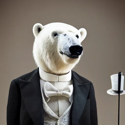 Prompt: a polar bear wearing a monocle and wearing a top hat and wearing a tuxedo, holding a cane, hd photography