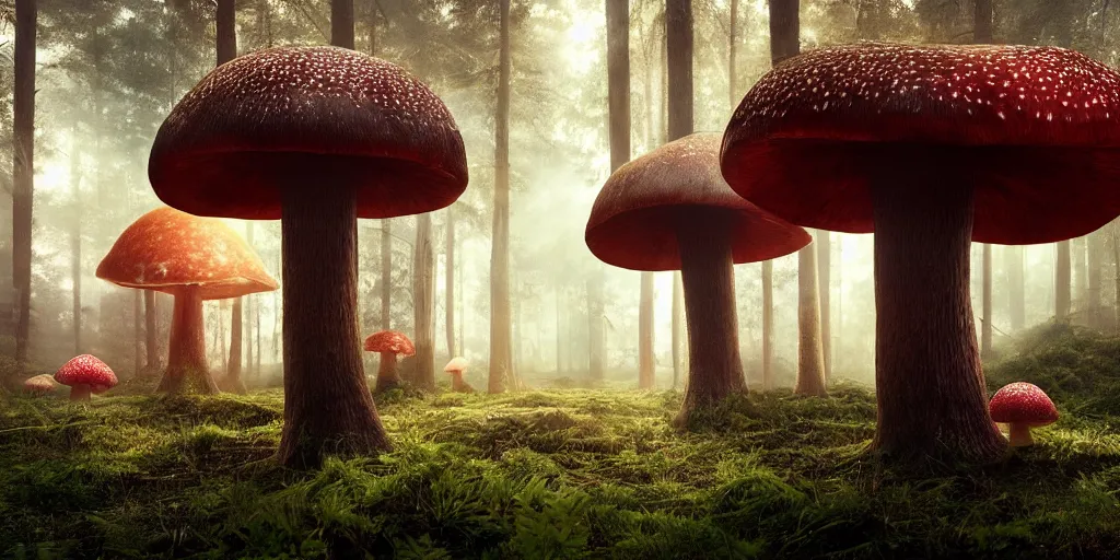 Prompt: Photo by Filip Hodas of the cinematic view of the Forest of the Giants, giant mushroom with a little transparency, some normal mushrooms on the floor, A very big red mushroom with white spots , photorealism, a few sun ray of lights falling, photo taken with canon 5D
