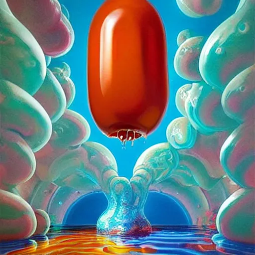 Prompt: jelly rococo gel sausage bursting plasma and colorful auras, liquid, drippy, splashing, scifi 3 d paint spray by beeple, rob gonsalves, jeff koons, jacek yerka, m. c. escher