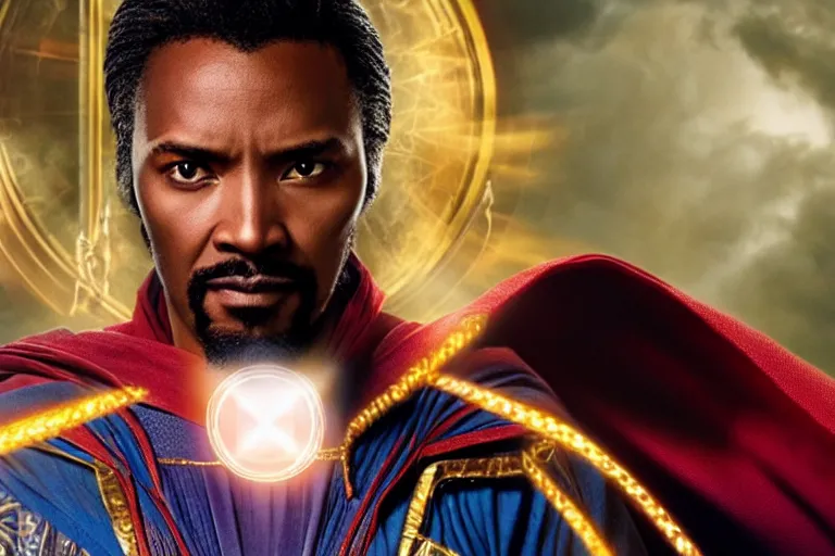 Image similar to film still of dark-skinned Jesus Christ as Doctor Strange in new Avengers film, 4k