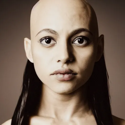 Prompt: a photograph of a quenian young dark skined bald woman wearing a white shirt, looking at the camera, by terry richardson, 4k, award wining, fashion magazine