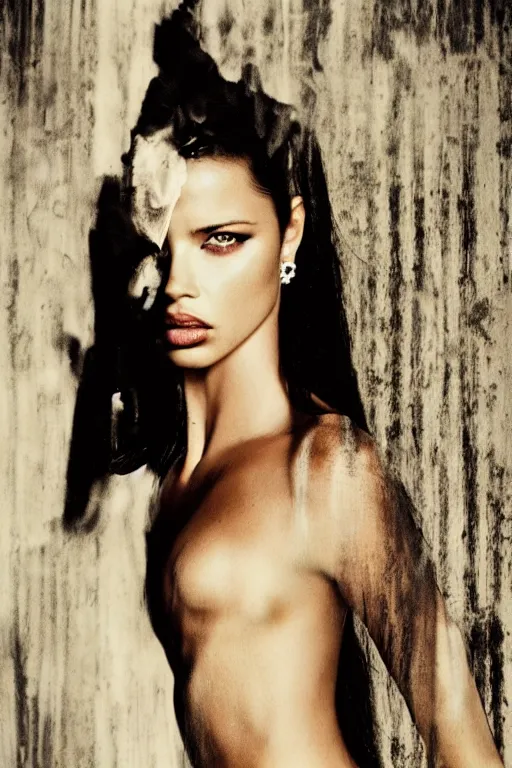 Prompt: film still of adriana lima in fiction david lynch film, mysterious glamour, sexy, intriguing, film lighting, photography film portrait by paolo roversi. emotionnal.