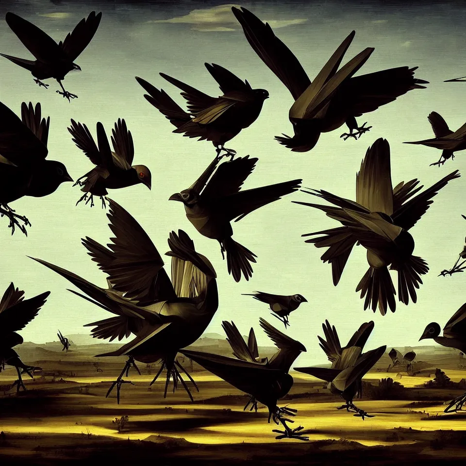 Image similar to robot birds by caravaggio, dynamic lighting, cinematic, epic composition, masterpiece