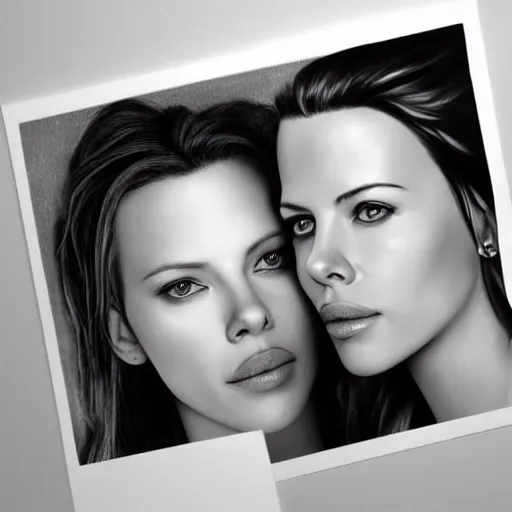 Prompt: shy scarlett johansonn and kate beckinsale poster, grayscale, uniform, photo realistic