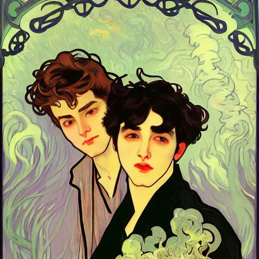 Image similar to painting of young cute handsome beautiful dark medium wavy hair man in his 2 0 s named shadow taehyung and cute handsome beautiful min - jun together at the halloween! party, bubbling cauldron!, candles!, smoke, autumn! colors, elegant, wearing suits!, delicate facial features, art by alphonse mucha, vincent van gogh, egon schiele