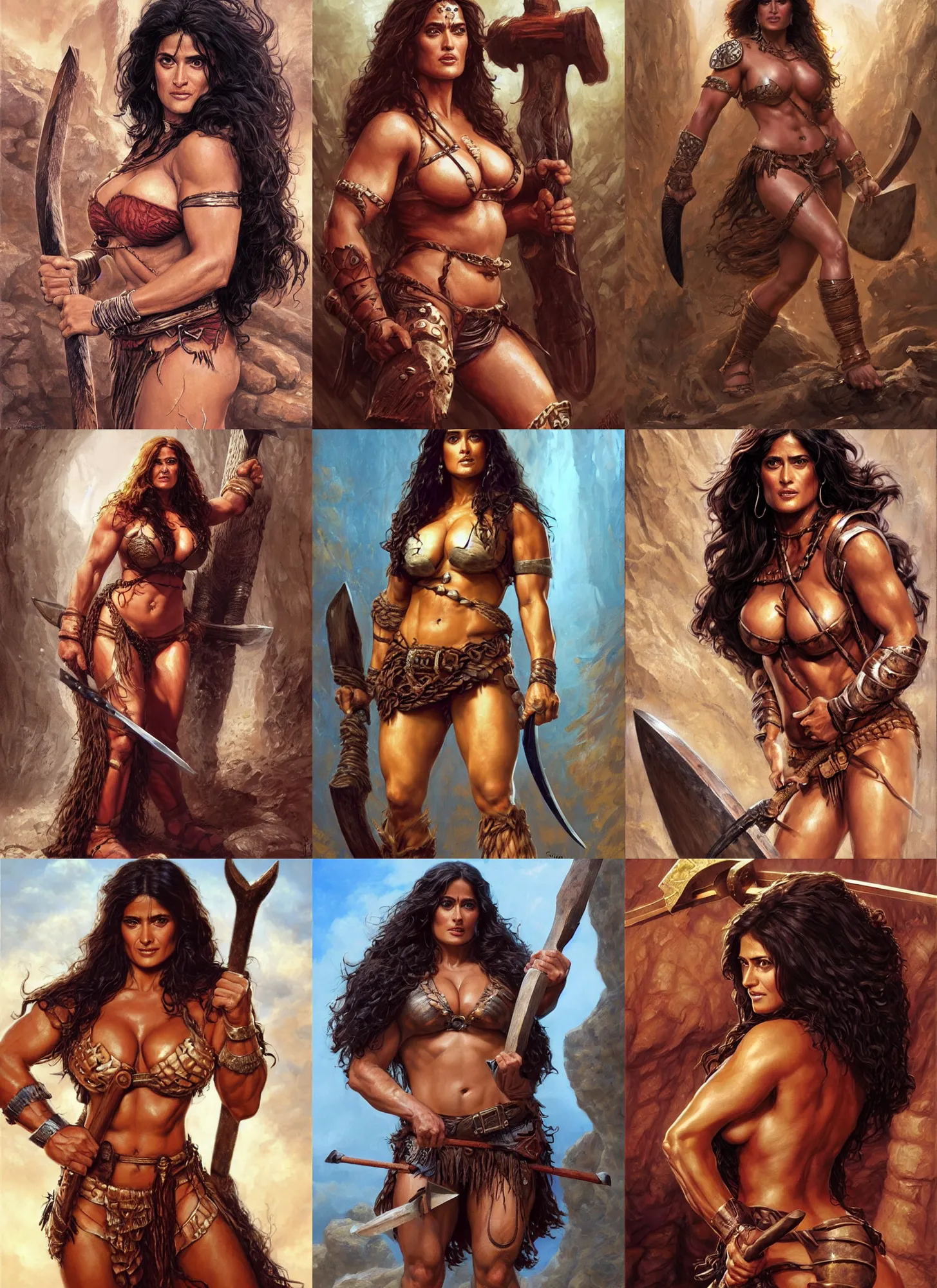 Prompt: portrait of very muscled Salma Hayek as barbarian with axe drawn hiding from a few scary creepy mummies, elegant, highly detailed, centered, digital painting, artstation, concept art, artgerm, donato giancola, Joseph Christian Leyendecker, WLOP, Boris Vallejo, Artgerm