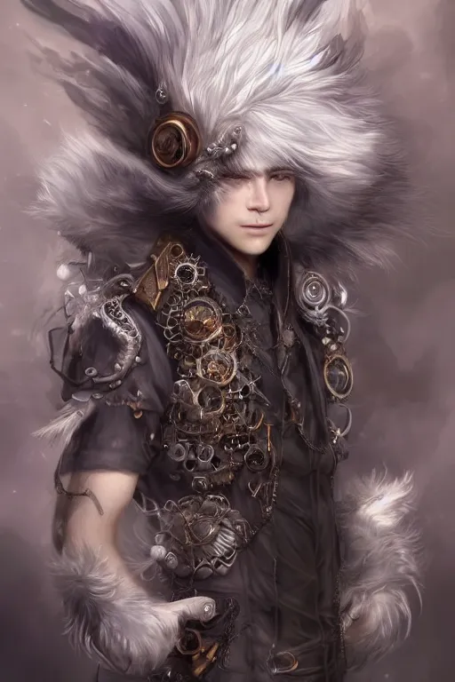 Image similar to beautiful full body portrait of a human - fluff hybrid male wizard, scaley!! white feathery skin, wearing ornaments and rings, by wlop and artgerm, steampunk fiction, detailed deep black eyes, silver background, trending, on artstation.