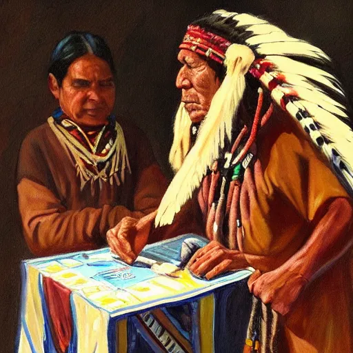 Image similar to a painting of a native american chief selling his bitcoin, in traditional dress, by atrgerm