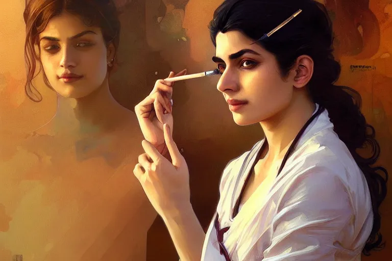 Image similar to Anxious good looking pale young Indian doctors smoking, portrait, elegant, intricate, digital painting, artstation, concept art, smooth, sharp focus, illustration, art by artgerm and greg rutkowski and alphonse mucha