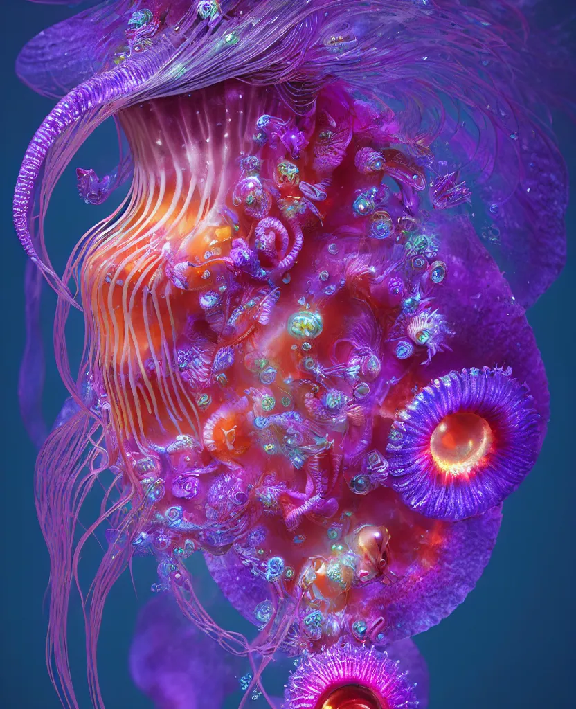 Image similar to goddess close-up portrait. dichroic orchid jellyfish phoenix head, nautilus, skull, betta fish, bioluminiscent creatures, intricate artwork by Tooth Wu and wlop and beeple. octane render, trending on artstation, greg rutkowski very coherent symmetrical artwork. cinematic, hyper realism, high detail, octane render, 8k