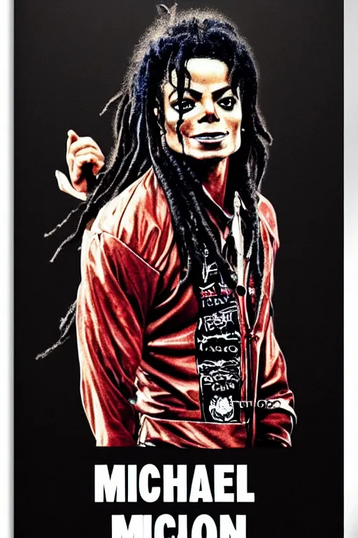 Image similar to michael jackson poster as a black rapper 1 9 7 0 s, dreadlocks, tattoos, dancing, poster tour, art work, ripped, 6 pack, rapping, grime, michael jackson, uhd, sharp, detailed, cinematic 4 k