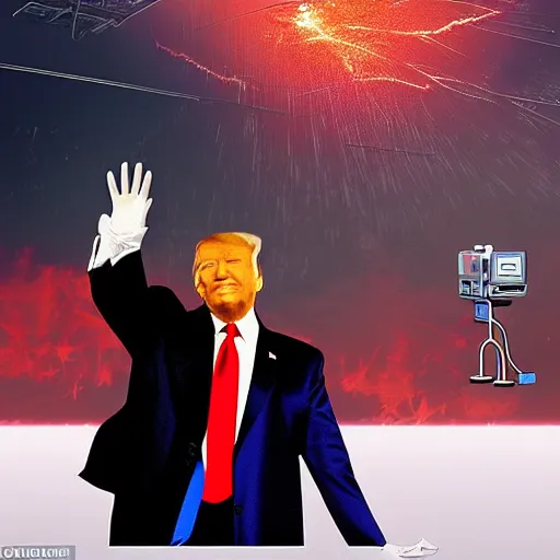 Image similar to Donald Trump shoots plasma beams out of his nanotech cybernetic arm, a plate on his arm slides back to reveal the mechanical workings on the inside