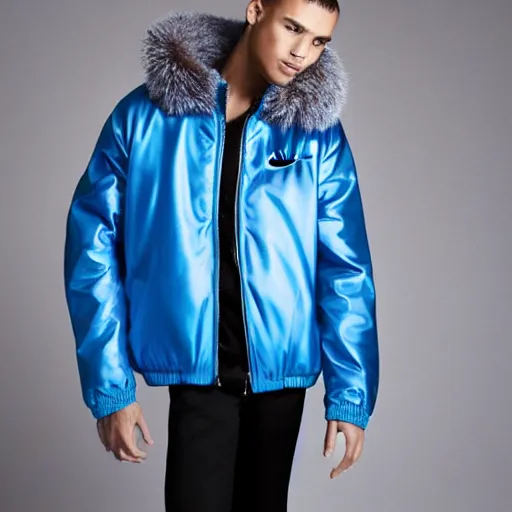 Prompt: nike jacket made of very fluffy blue faux fur : : with a reflective iridescent nike logo, professional advertising, overhead lighting, heavy detail, realistic