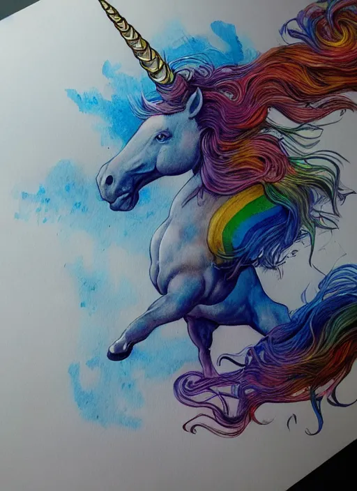 Image similar to portrait, a unicorn farting a rainbow, watercolor, dramatic lighting, cinematic, establishing shot, extremely high detail, foto realistic, cinematic lighting, pen and ink, intricate line drawings, by Yoshitaka Amano, Ruan Jia, Kentaro Miura, Artgerm, post processed, concept art, artstation, matte painting, style by eddie mendoza, raphael lacoste, alex ross