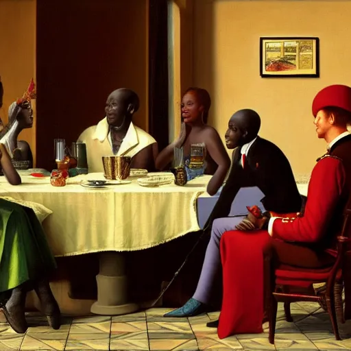 Prompt: the king of zimbabwe having imperial breakfast with his guest dignitaries by Raphael, Hopper, and Rene Magritte. detailed, romantic, enchanting, trending on artstation.