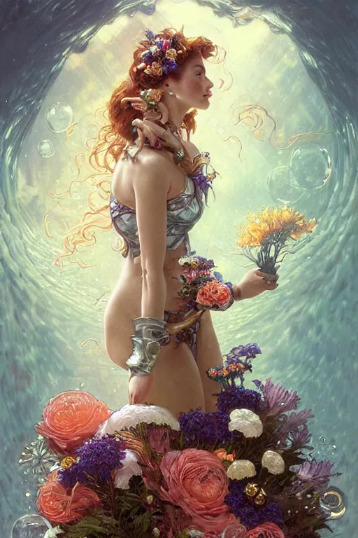 Prompt: portrait of a beautiful mysterious woman in armour, gloves holding a bouquet of flowing flowers, bubbles, upward flowing long hair, gloves hidden under the bouquet, underwater with coral and fish, fantasy, regal, intricate, by stanley artgerm lau, greg rutkowski, thomas kinkade, alphonse mucha, loish, norman rockwell