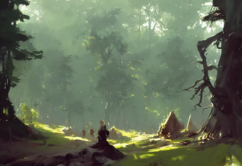 Prompt: greg manchess painting of a forest landscape in the middle ages, painting, trending on artstation, by ismail inceoglu and by craig mullins and by kilian eng and by jake parker