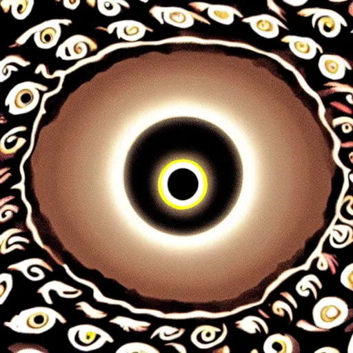 Prompt: a giant eye looking down on a crowd of people in the style of a cave painting