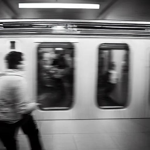 Image similar to of an octopus invading a interior of a subway train in new york, people are running away scared, shutter speed is 8 0,