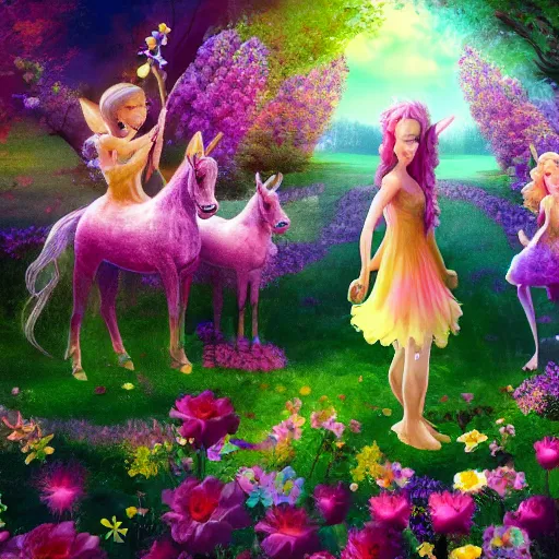 Image similar to flower garden with magical fairies, mythical, surreal, animated movie shot, unicorns, digital painting, wallpaper, art, 4 k, hd