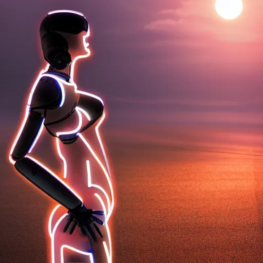 Image similar to Full body beautiful Fine art photography of a solarpunk half robot half human girl with real human face, led lights over body, highly detailed, photorealism, sunset lighting 8k