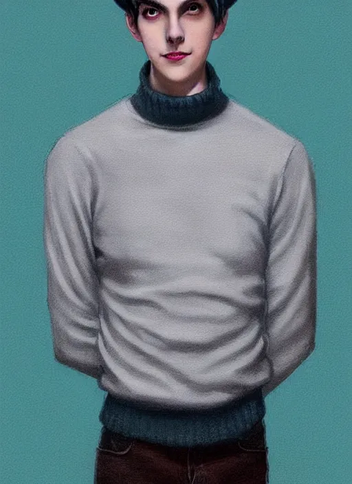 Image similar to portrait of teenage jughead jones wearing a light grey crown, crown, blue turtleneck, 1 9 5 0 s, closed eyes, photorealistic, black hair, glowing lighting, intricate, elegant, glowing lights, highly detailed, digital painting, artstation, concept art, smooth, sharp focus, illustration, art by wlop, mars ravelo and greg rutkowski