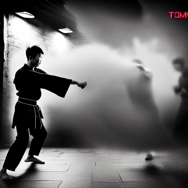 Image similar to wing chun punch streetfight, detailed wing chun form, defensive stance, shanghai, cinematic neon uplighting, fog mist smoke, photorealistic, night photography by tomino - sama