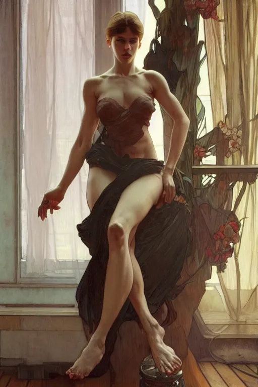 Image similar to full body portrait of a single beautiful young fit woman, modern haircut, fashionable, bare feet, by greg rutkowski and alphonse mucha, d & d character, in front of a modern room background, highly detailed portrait, digital painting, artstation, concept art, smooth, sharp focus illustration, artstation hq