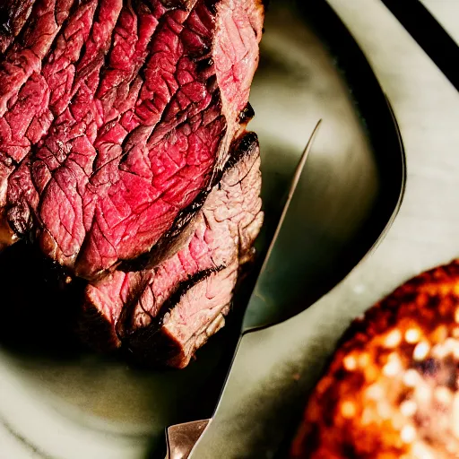 Prompt: A perfectly cooked medium rare steak, food photography, 35mm, macro