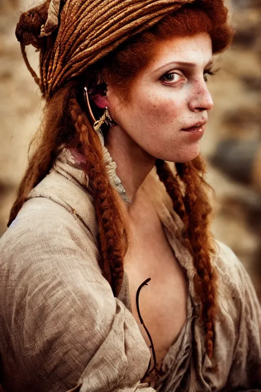 Prompt: 18th Century Barbary Coast pirate beautiful female model with amazing Ginger hair and Golden hooped earrings photography by Steve McCurry