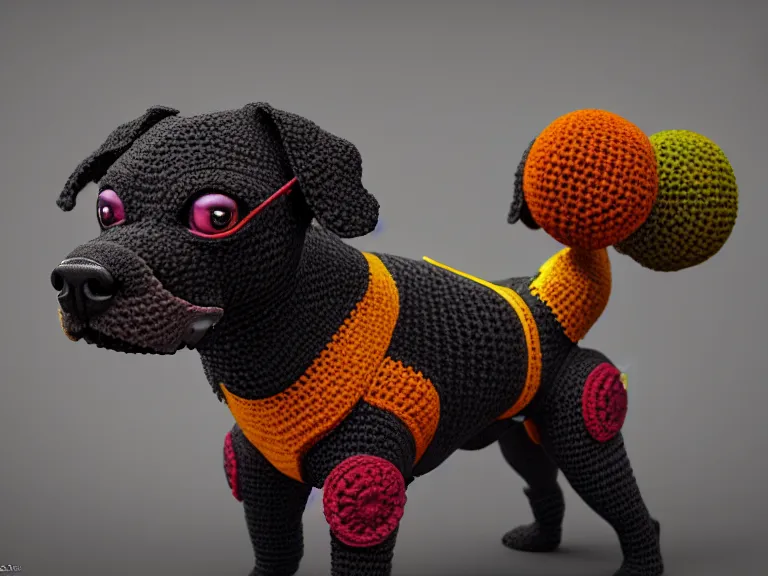 Prompt: multicolored crocheted cyborg dog, rpg reference, oil painting, trending on artstation, octane render, insanely detailed, 8 k, hd