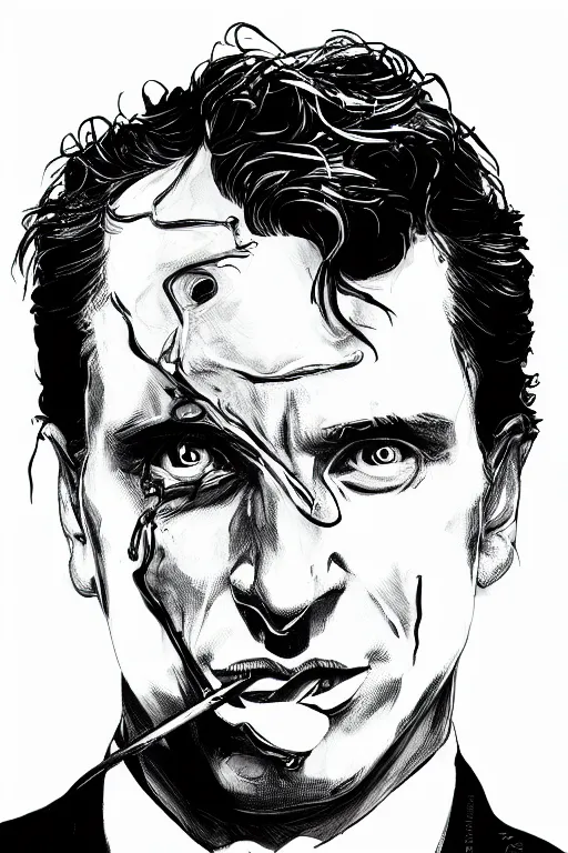 Prompt: black and white illustration of Patrick Bateman in a rainy street, neo noir style, Frank Miller creative design, body horror, high detail
