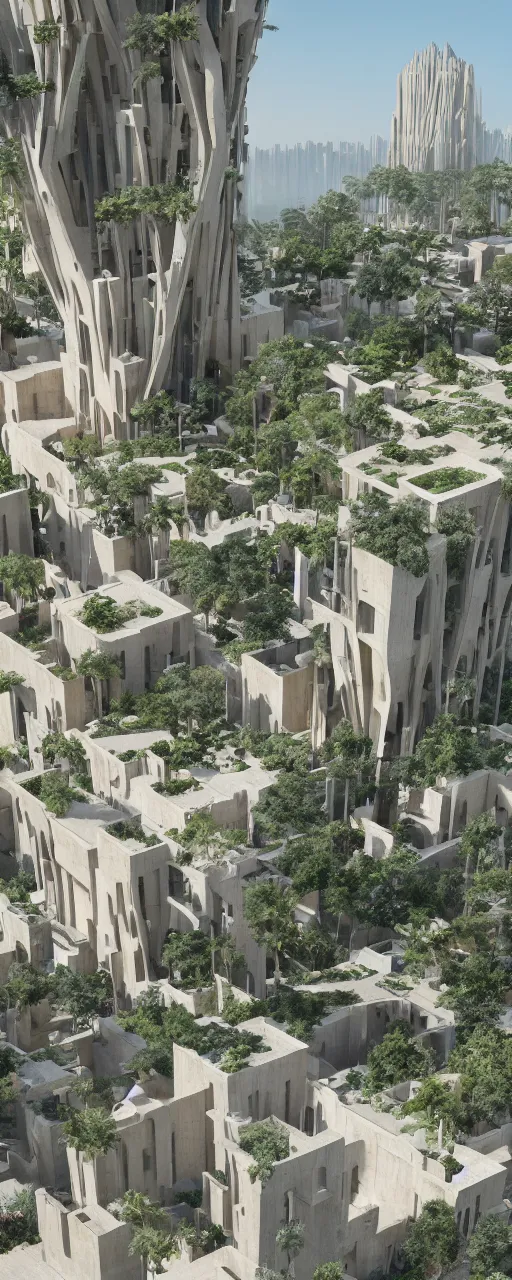 Image similar to single tower, golden gardens of babylon tower, beige stone color palette, sacred ancient architecture, hanging gardens on the balconies, modular cascading highrise, next to mountains and river with lush palm forest, zaha hadid, sunlight, eye - level view, post - production, octane, cgi, sfx