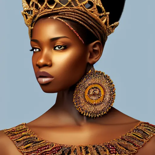 Image similar to A masterpiece portrait of a Incredibly beautiful African girl model in European barocco dress. rich jewelry. In Elizabeth\'s Queen\'s crown. Vogue. trending on artstation, digital art, by Stanley Artgerm Lau, WLOP, Rossdraws, James Jean, Andrei Riabovitchev, Marc Simonetti, Yoshitaka Amano