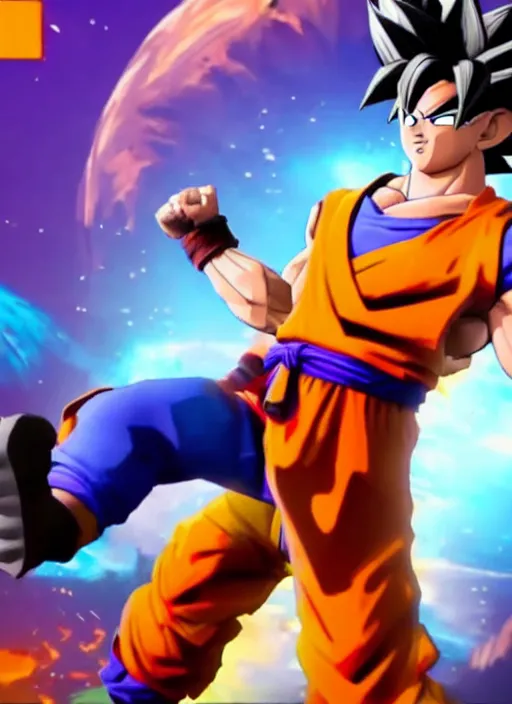 Image similar to game still of a sayan goku as a fortnite skin in fortnite, pose.