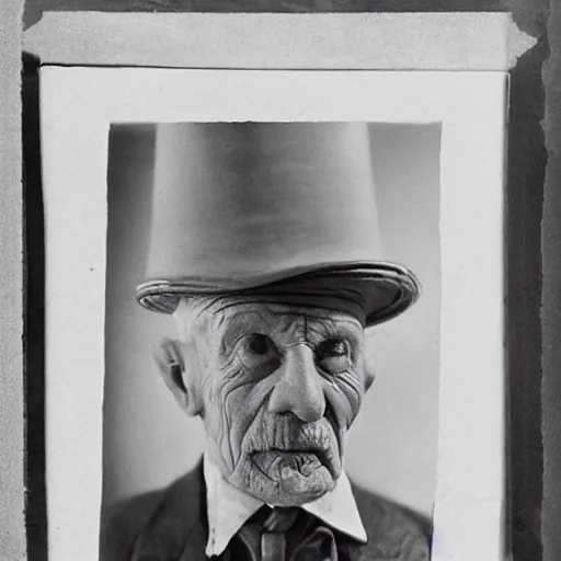 Image similar to detailed 1930s photograph of a wrinkled old man with a tall hat made of waffle cone, filled with huge scoops of real ice cream