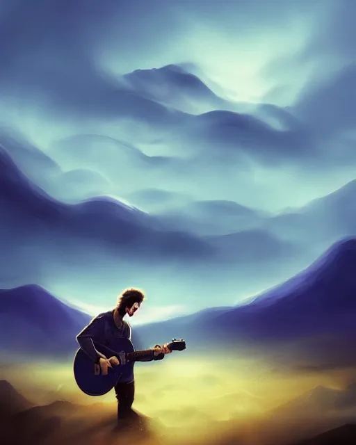 Image similar to A figure of a man with a guitar obscured by clouds and mist. The clouds look like mountains high in the sky, the clouds are a deep blue purple color with the sun blazing behind the clouds, deep focus, D&D, fantasy, intricate, elegant, highly detailed, digital painting, artstation, concept art, matte, sharp focus, illustration, hearthstone, art by Artgerm and Greg Rutkowski and Alphonse Mucha