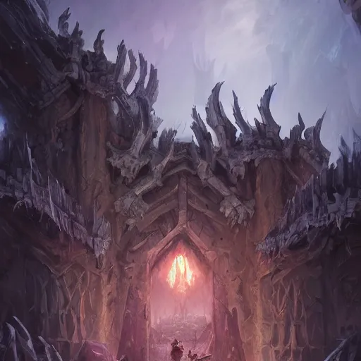 Image similar to a demon wall towers made of bones, walls, violet battlefield theme, dark art masterpiece artstation. 8 k, sharp high quality artwork in style of jose daniel cabrera pena and greg rutkowski, concept art by tooth wu, blizzard warcraft artwork, hearthstone card game artwork, wall made of bones