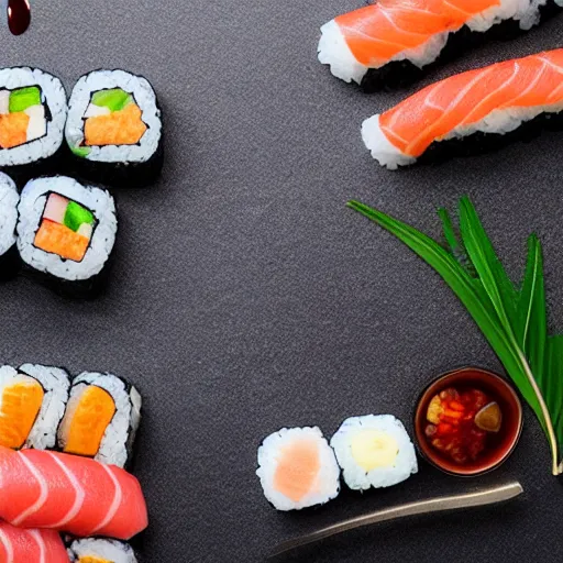 Prompt: sushi laid out on a slab of stone that is laying on a wooden table, high detail, 4k, complex