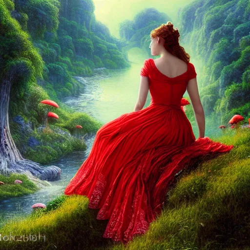 Image similar to an elegant fairy queen in a red lace dress sitting and looking out at a lord of the rings scenery landscape, vast lush valley flowers and giant mushroom structures, river, sunrise, god's rays highly detailed, vivid colour, soft clouds, floral sunset, cinematic lighting, perfect composition, 8 k, gustave dore, derek zabrocki, greg rutkowski, belsinski