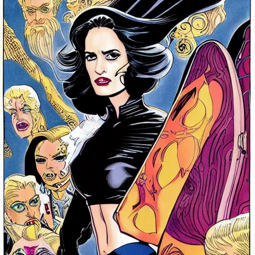 Image similar to José Luis García-López comic art, wide shot, stunning elegant female Eva Green, Indigo Magician, beautiful evil sneer, symmetrical face, symmetrical eyes, leather clothing and boots, long straight red hair, full body, Indigo occult pattern